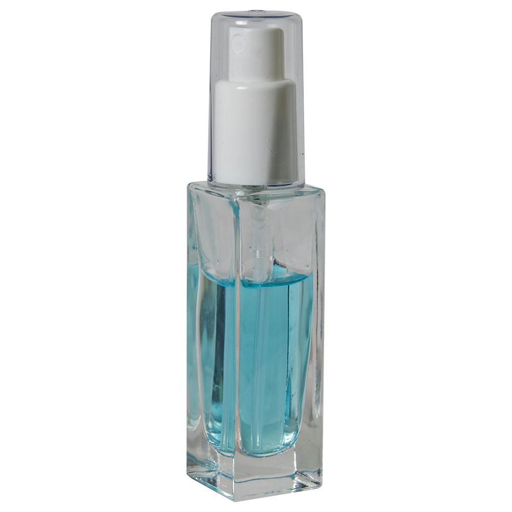 30mL Clear Tall Slim Square Glass Bottle with 18/415 White Polypropylene Denali Finger Sprayer with Tall Smooth Collar & Clear ABS Overcap