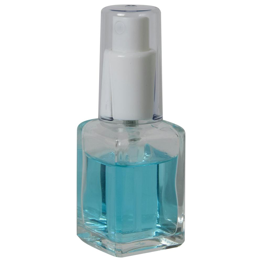 30mL (1 oz.) Clear Rounded Square Glass Bottle with 18/415 White Polypropylene Denali Finger Sprayer with Tall Smooth Collar & Clear ABS Overcap