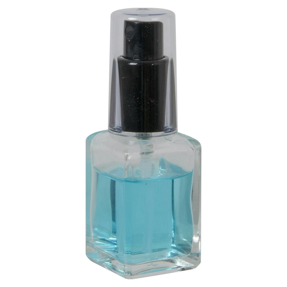 30mL (1 oz.) Clear Rounded Square Glass Bottle with 18/415 Black Polypropylene Denali Finger Sprayer with Tall Smooth Collar & Clear ABS Overcap