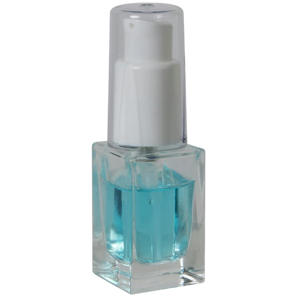 15mL Clear Tall Slim Square Glass Bottle with 18/415 White Polypropylene Denali Treatment Pump with Tall Smooth Collar & Clear ABS Overcap