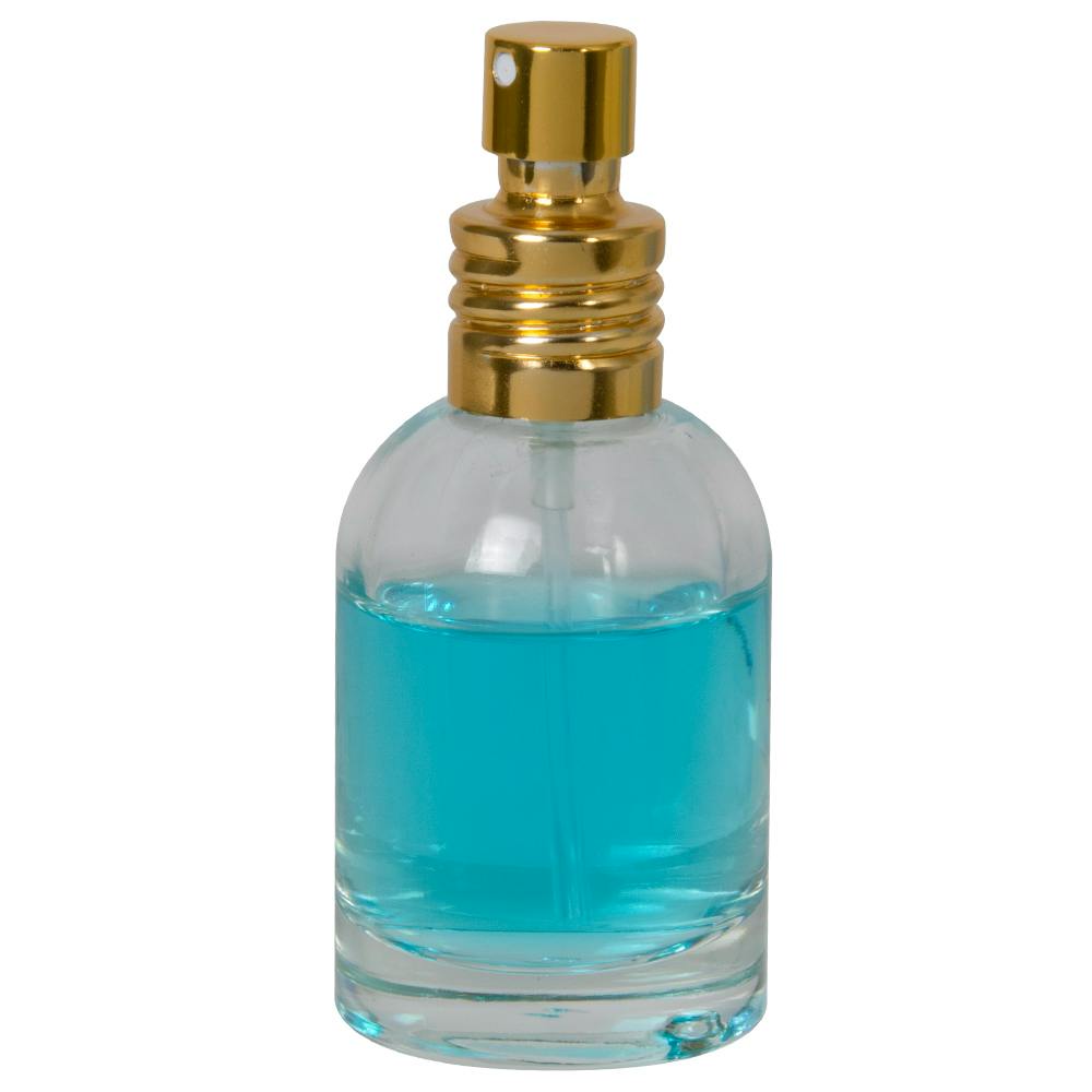 50mL Clear Begonia Dome Round Glass Bottle with 18/415 Gold Metal Finger Sprayer with Swirl Collar & Overcap