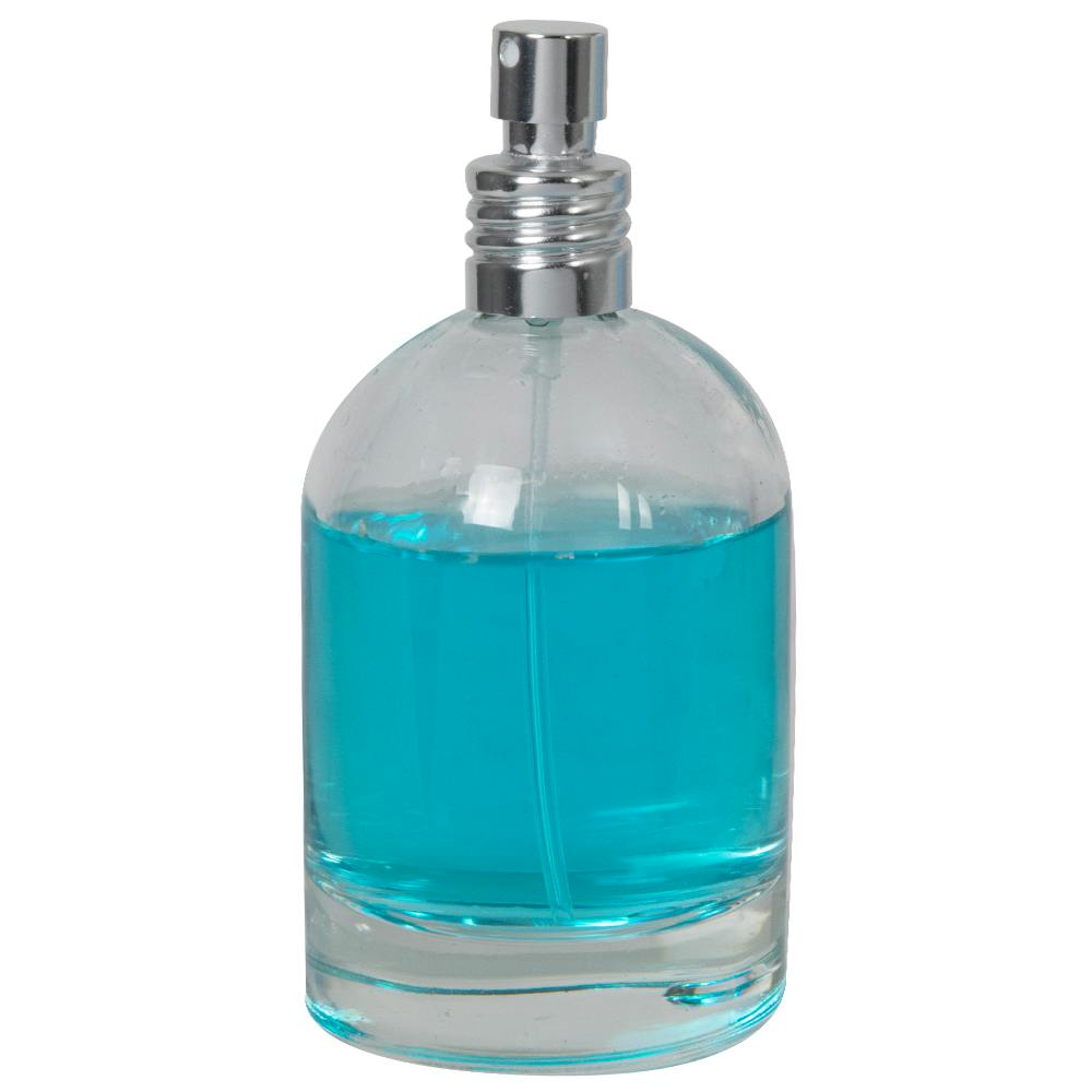 100mL Clear Begonia Dome Round Glass Bottle with 18/415 Silver Metal Finger Sprayer with Swirl Collar & Overcap