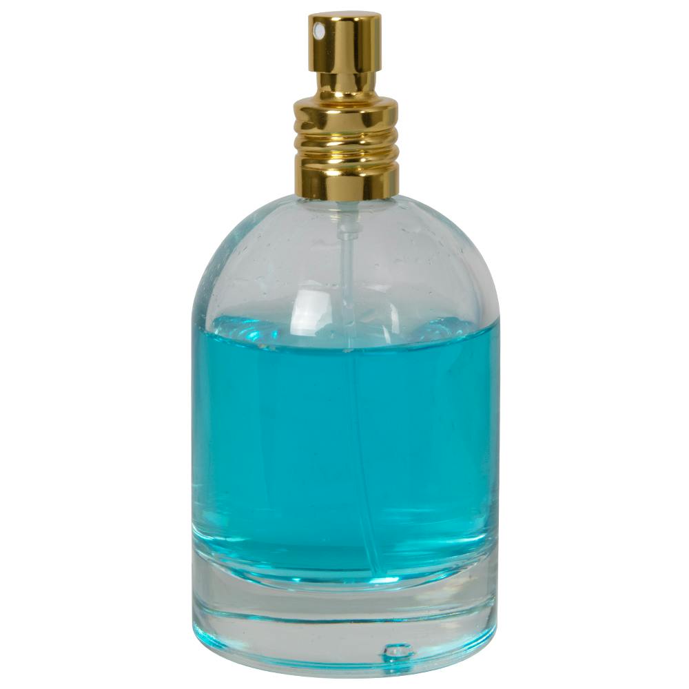 100mL Clear Begonia Dome Round Glass Bottle with 18/415 Gold Metal Finger Sprayer with Swirl Collar & Overcap