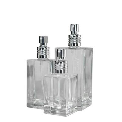 50mL Clear Tall Slim Square Glass Bottle with 18/415 Silver Metal Finger Sprayer with Swirl Collar & Overcap