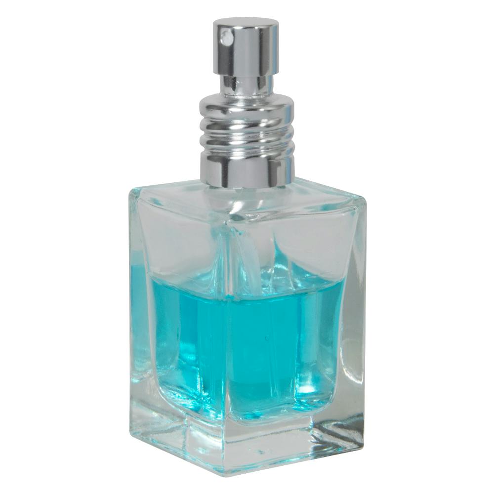 30mL Clear Square Glass Bottle with 18/415 Silver Metal Finger Sprayer with Swirl Collar & Overcap