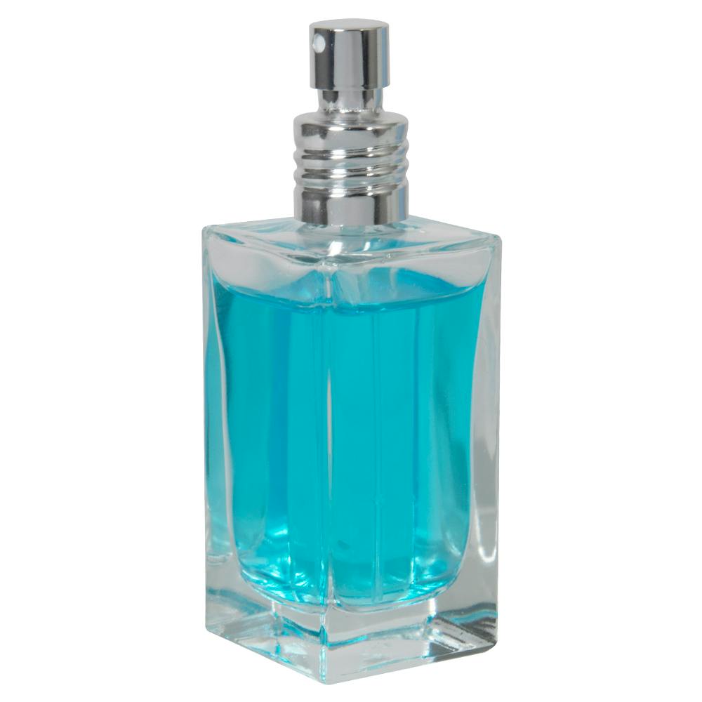 50mL Clear Square Glass Bottle with 18/415 Silver Metal Finger Sprayer with Swirl Collar & Overcap