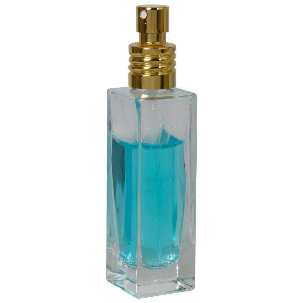 30mL Clear Tall Slim Square Glass Bottle with 18/415 Gold Metal Finger Sprayer with Swirl Collar & Overcap