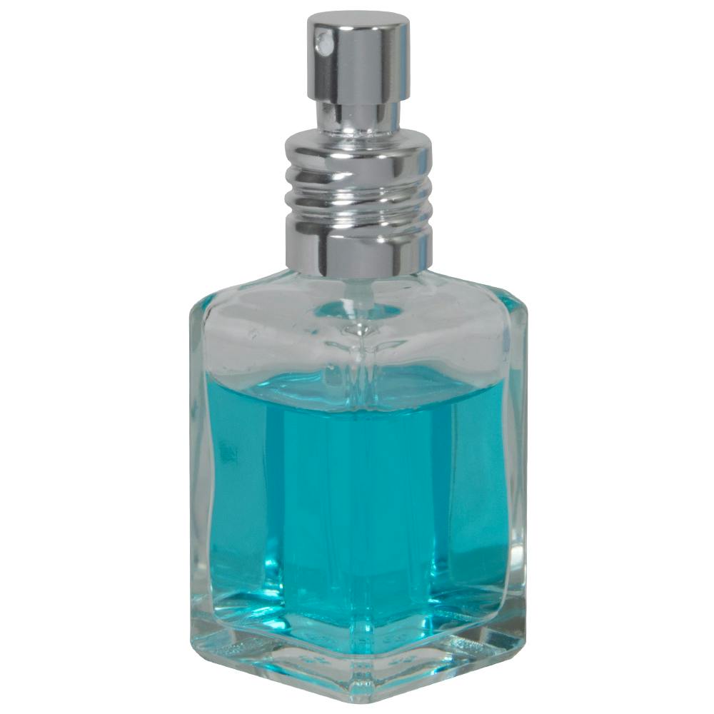 30mL (1 oz.) Clear Rounded Square Glass Bottle with 18/415 Silver Metal Finger Sprayer with Swirl Collar & Overcap