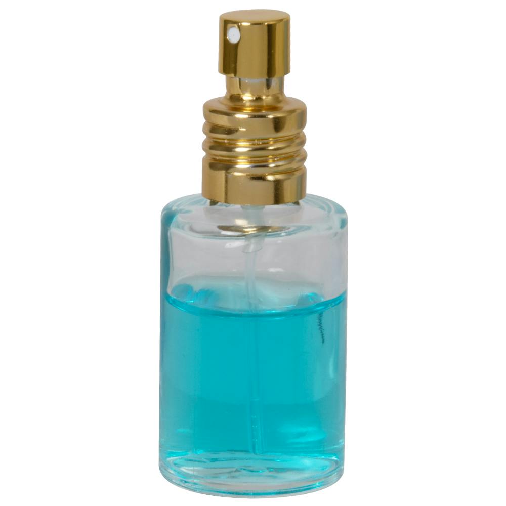 30mL (1 oz.) Clear Stubby Cylinder Glass Bottle with 18/415 Gold Metal Finger Sprayer with Swirl Collar & Overcap