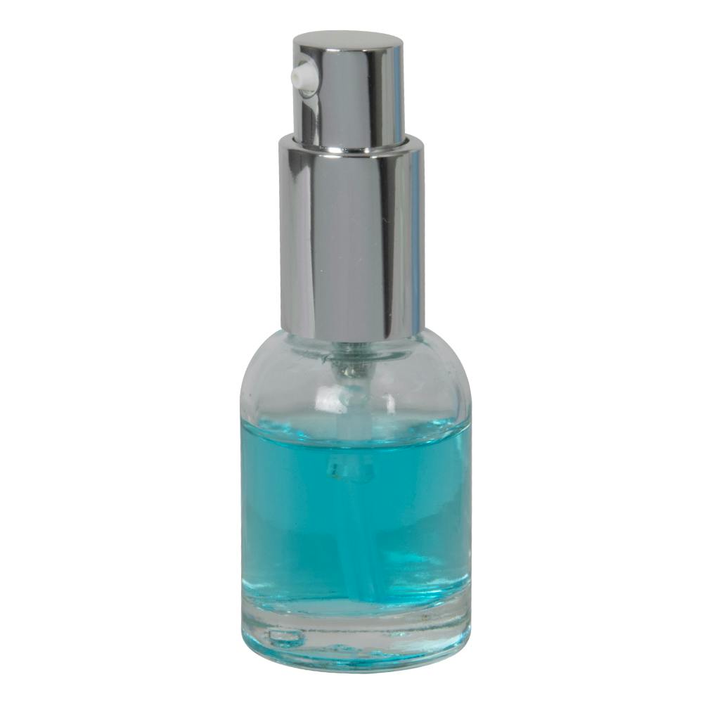 15mL Clear Begonia Dome Round Glass Bottle with 18/415 Silver Metal Treatment Pump with Smooth Collar & Overcap
