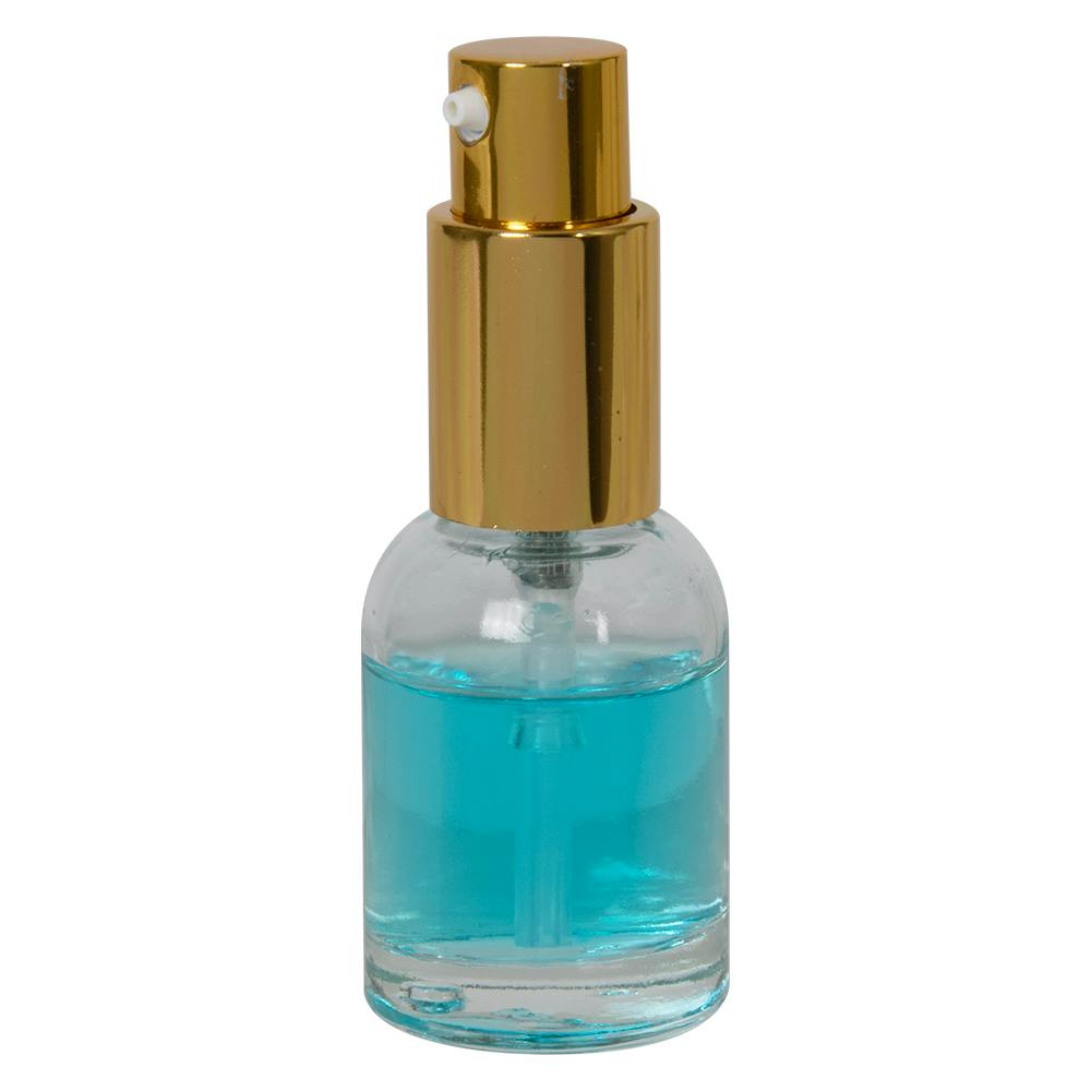 15mL Clear Begonia Dome Round Glass Bottle with 18/415 Gold Metal Treatment Pump with Smooth Collar & Overcap