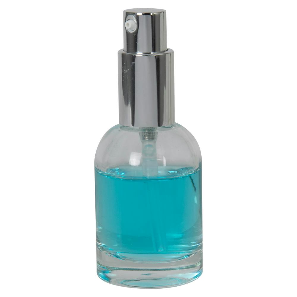 50mL Clear Begonia Dome Round Glass Bottle with 18/415 Silver Metal Treatment Pump with Smooth Collar & Overcap