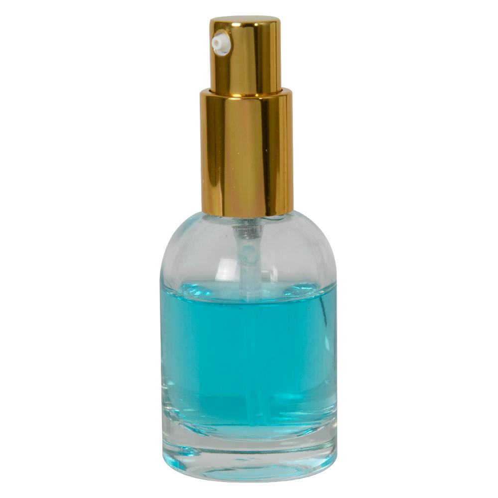 50mL Clear Begonia Dome Round Glass Bottle with 18/415 Gold Metal Treatment Pump with Smooth Collar & Overcap