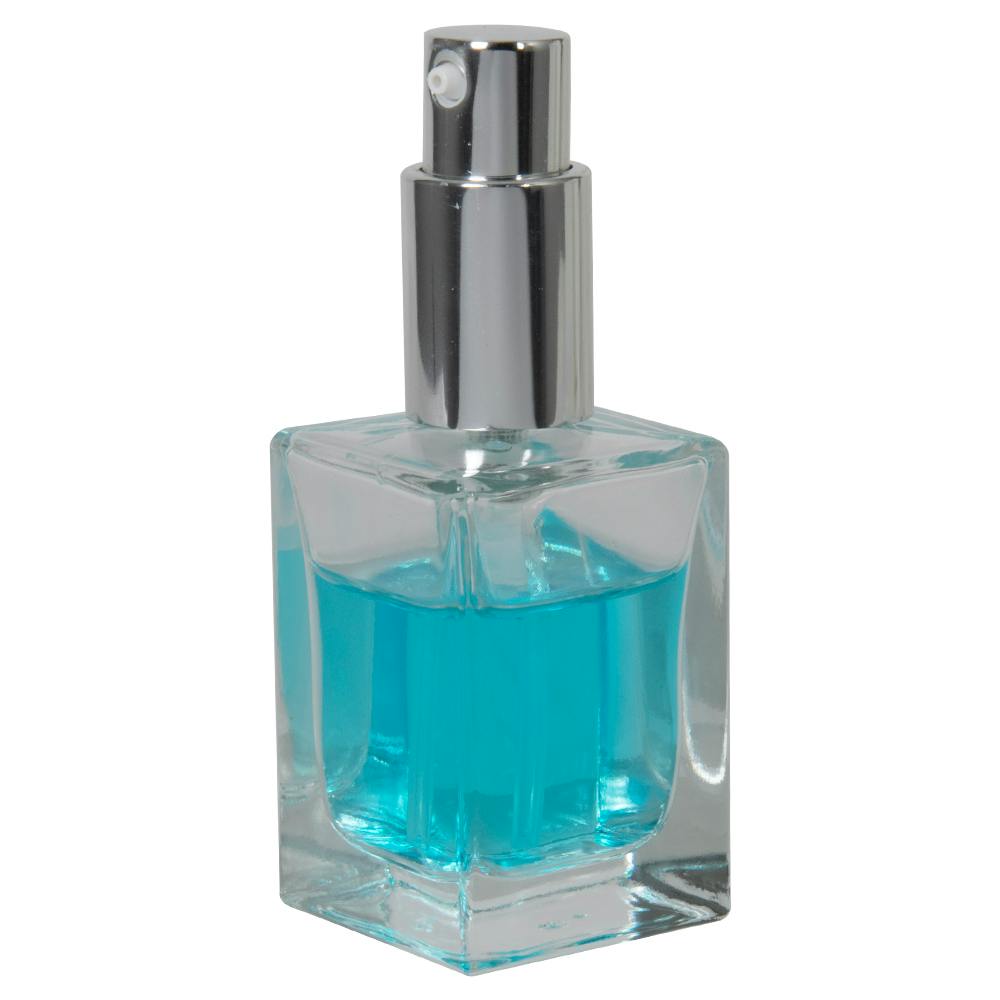30mL Clear Square Glass Bottle with 18/415 Silver Metal Treatment Pump with Smooth Collar & Overcap