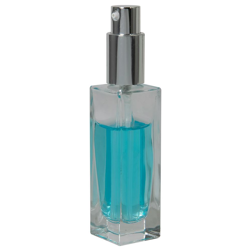 30mL Clear Tall Slim Square Glass Bottle with 18/415 Silver Metal Treatment Pump with Smooth Collar & Overcap