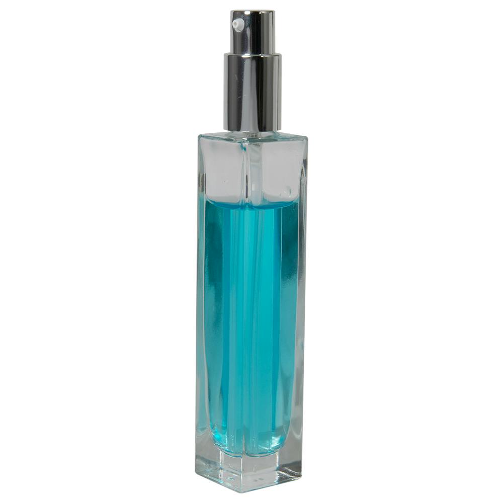 50mL Clear Tall Slim Square Glass Bottle with 18/415 Silver Metal Treatment Pump with Smooth Collar & Overcap