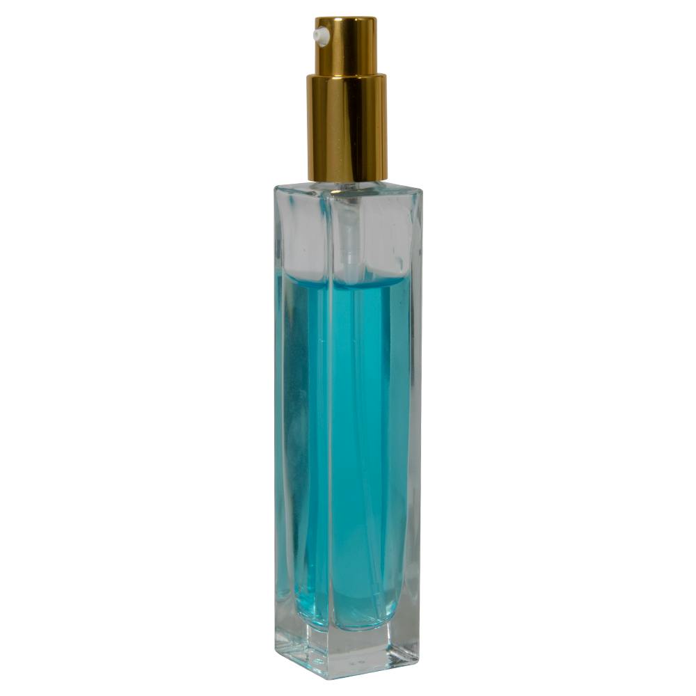 50mL Clear Tall Slim Square Glass Bottle with 18/415 Gold Metal Treatment Pump with Smooth Collar & Overcap