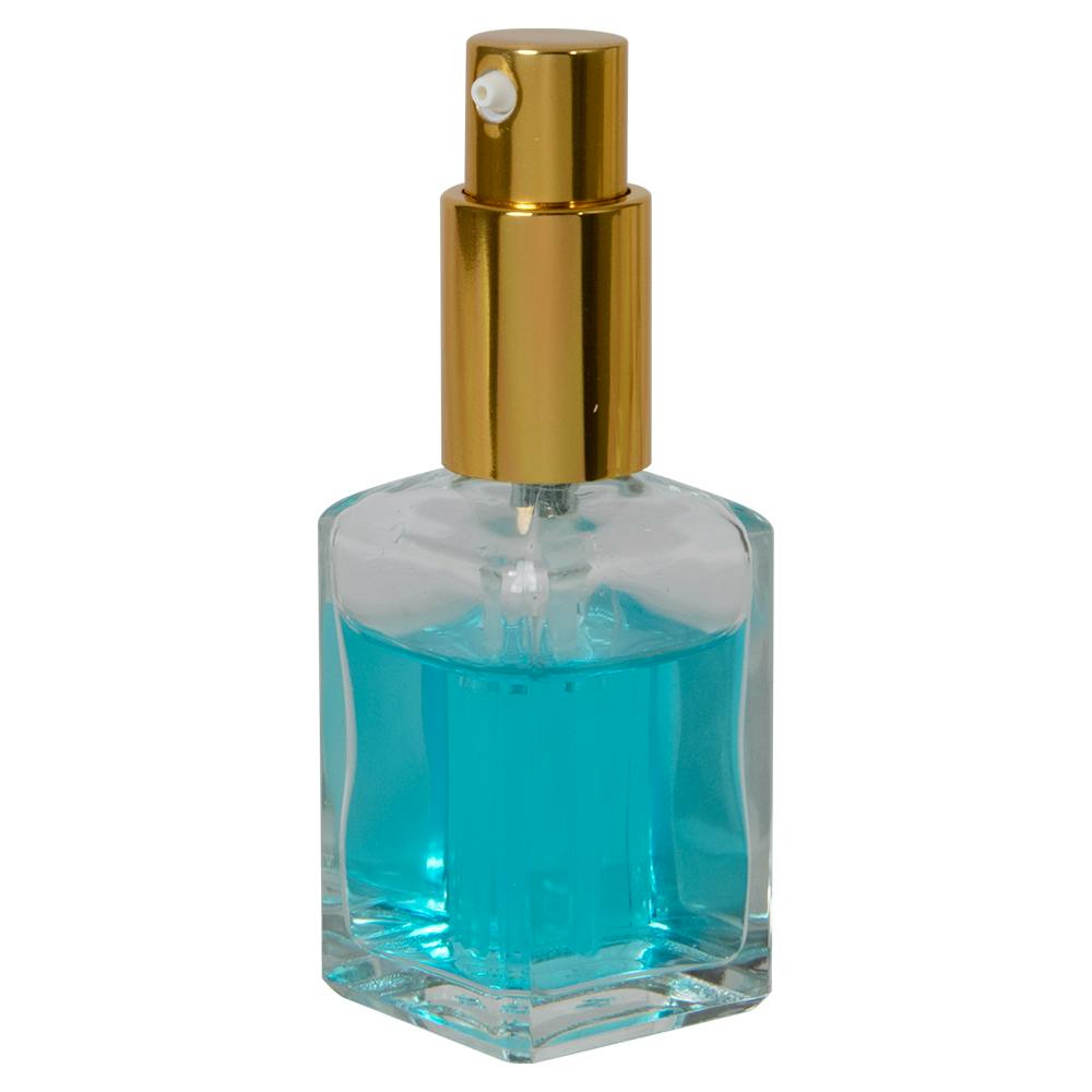 30mL (1 oz.) Clear Rounded Square Glass Bottle with 18/415 Gold Metal Treatment Pump with Smooth Collar & Overcap