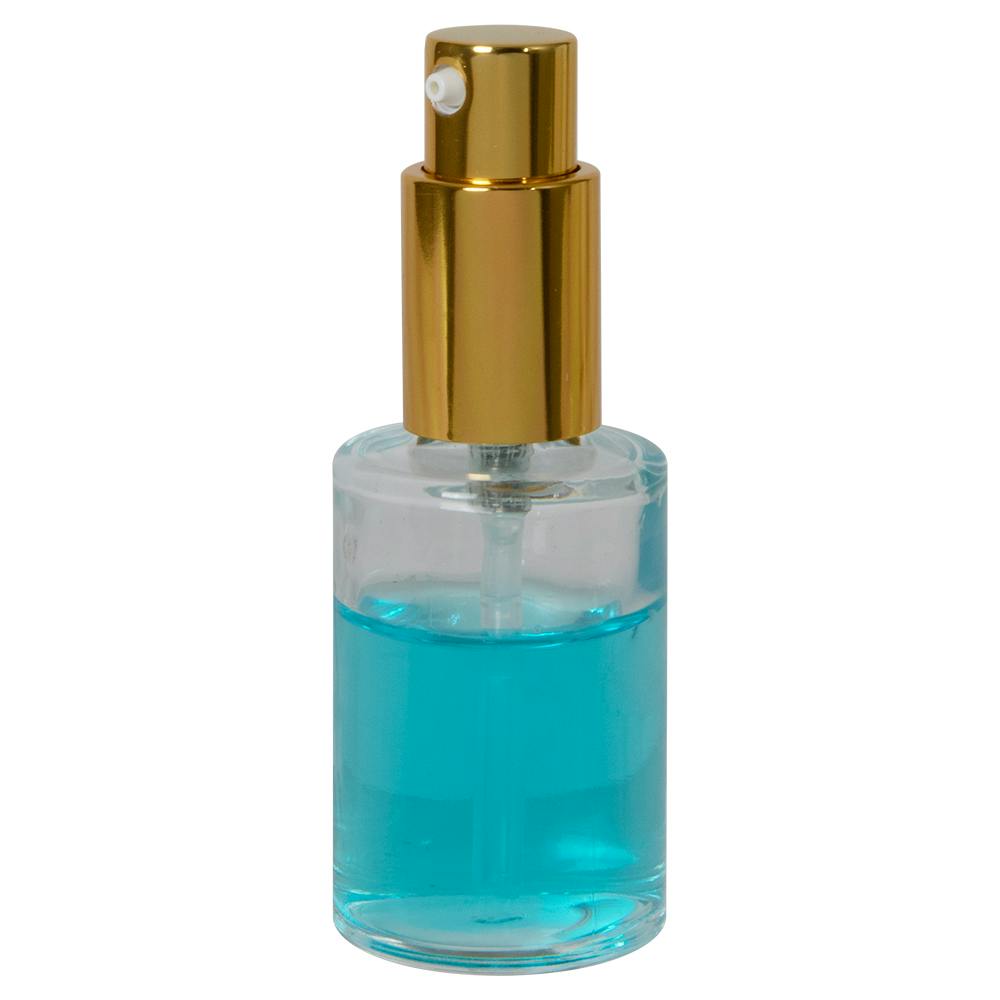 30mL (1 oz.) Clear Stubby Cylinder Glass Bottle with 18/415 Gold Metal Treatment Pump with Smooth Collar & Overcap