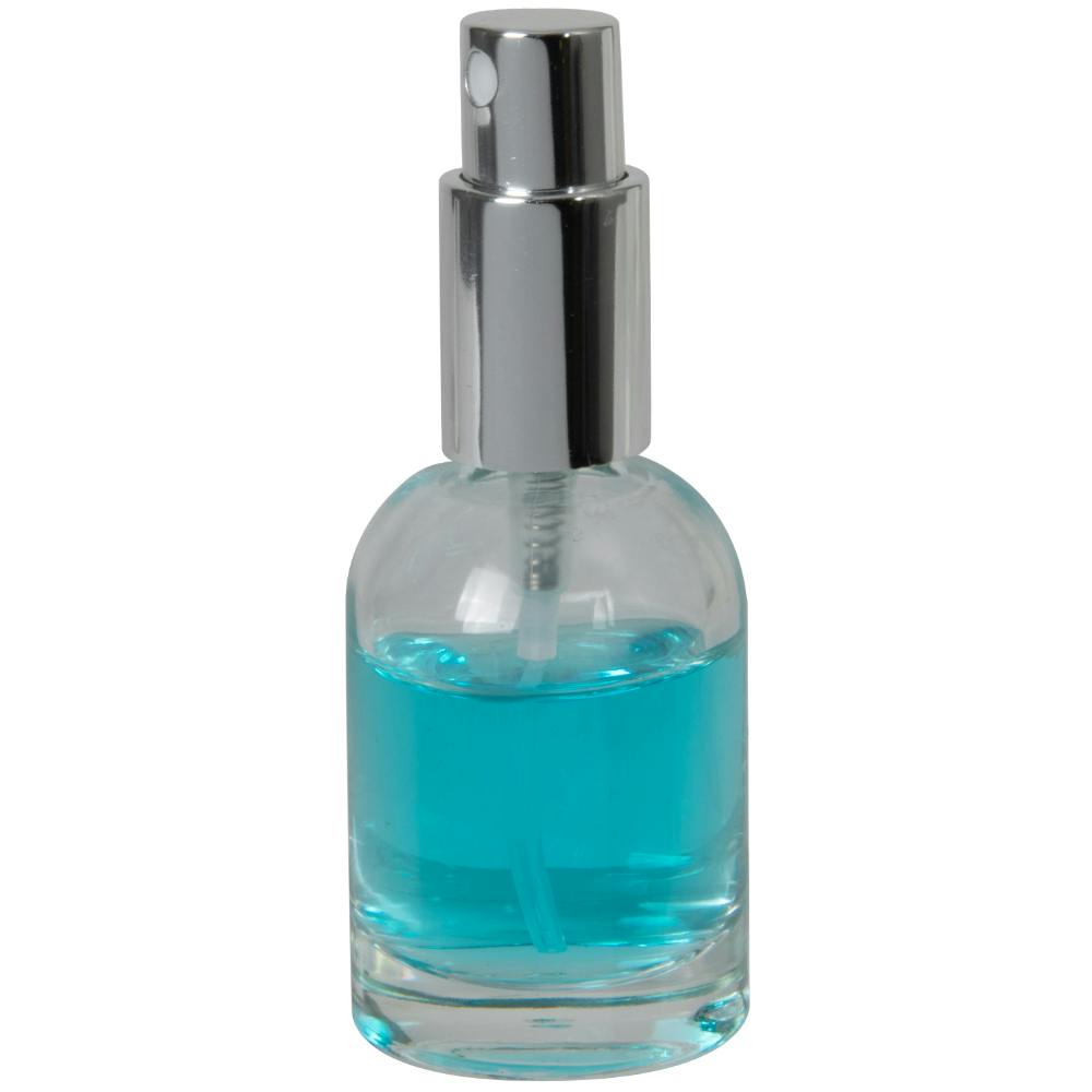 50mL Clear Begonia Dome Round Glass Bottle with 18/415 Silver Metal Finger Sprayer with Smooth Collar & Overcap