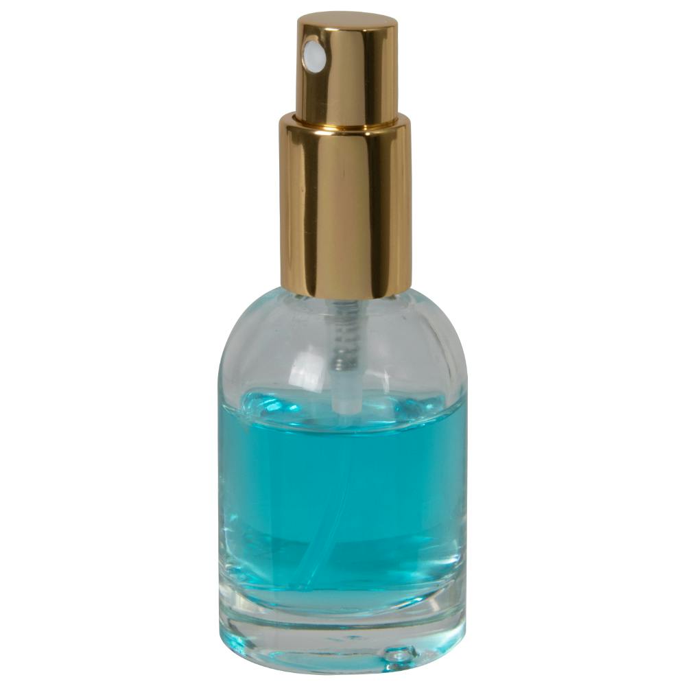 30mL Clear Begonia Dome Round Glass Bottle with 18/415 Gold Metal Finger Sprayer with Smooth Collar & Overcap