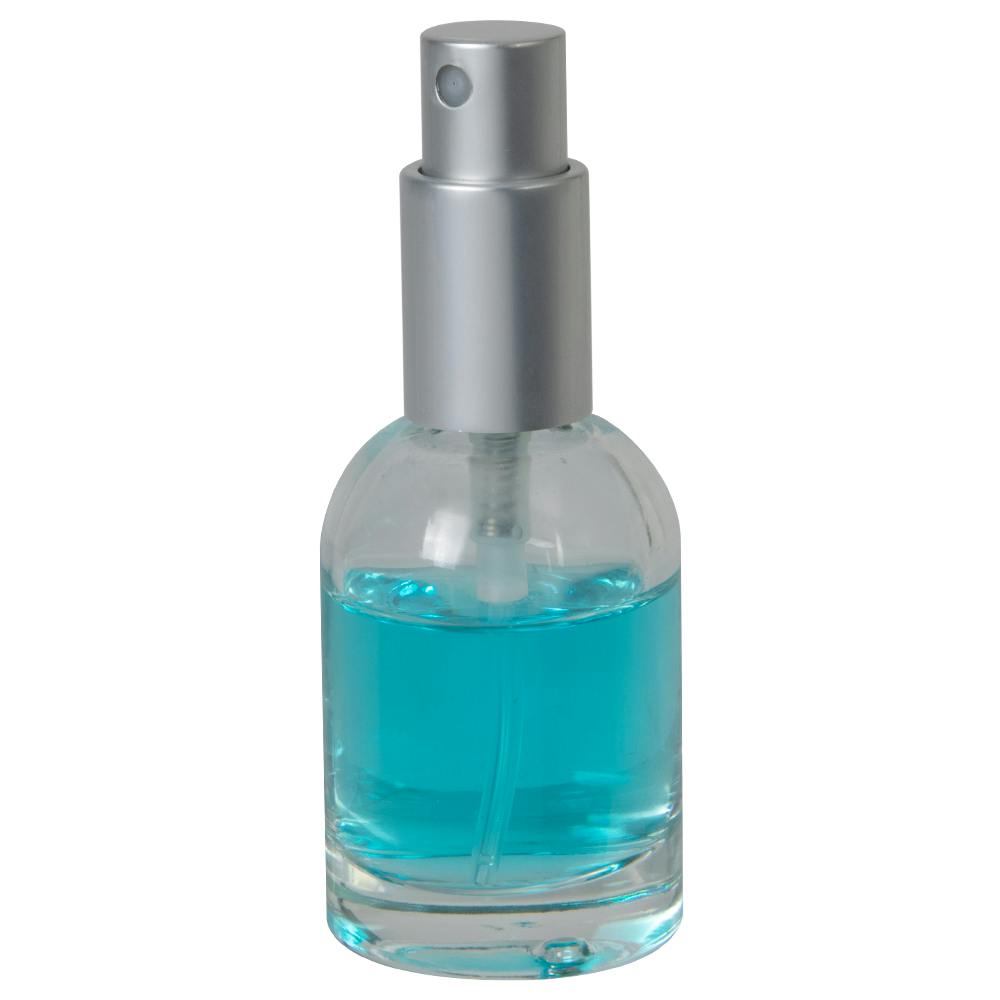 30mL Clear Begonia Dome Round Glass Bottle with 18/415 Matte Silver Metal Finger Sprayer with Smooth Collar & Overcap