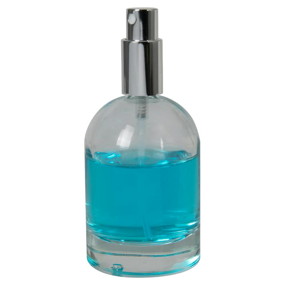 100mL Clear Begonia Dome Round Glass Bottle with 18/415 Silver Metal Finger Sprayer with Smooth Collar & Overcap