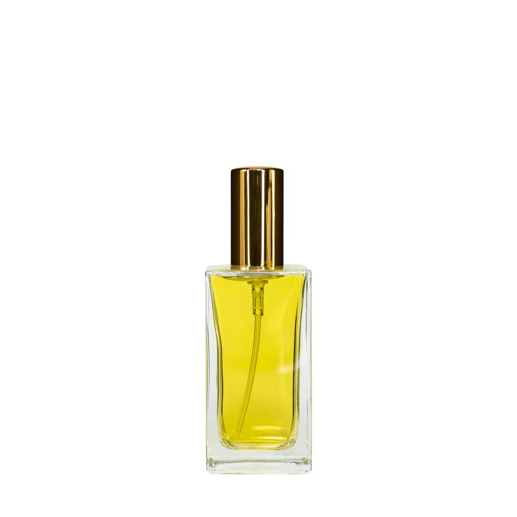 50mL Clear Square Glass Bottle with 18/415 Gold Metal Finger Sprayer with Smooth Collar & Overcap