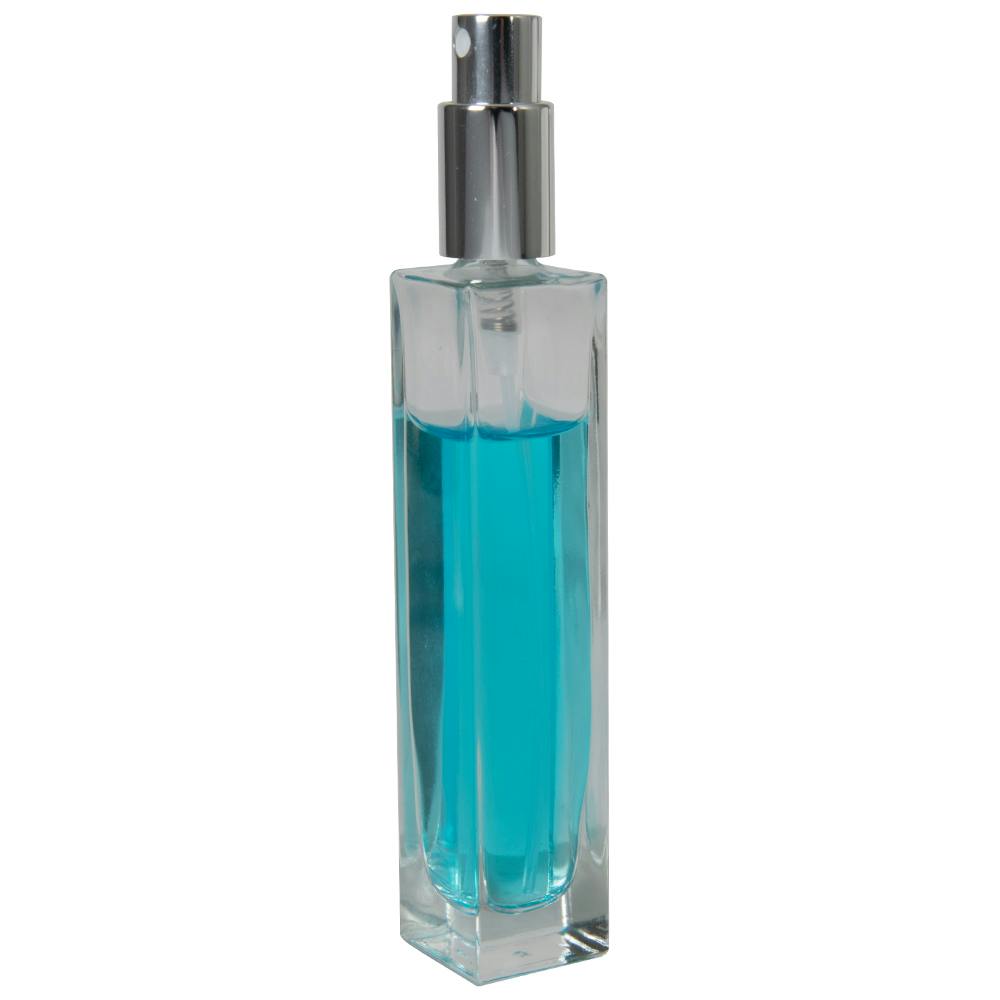 50mL Clear Tall Slim Square Glass Bottle with 18/415 Silver Metal Finger Sprayer with Smooth Collar & Overcap