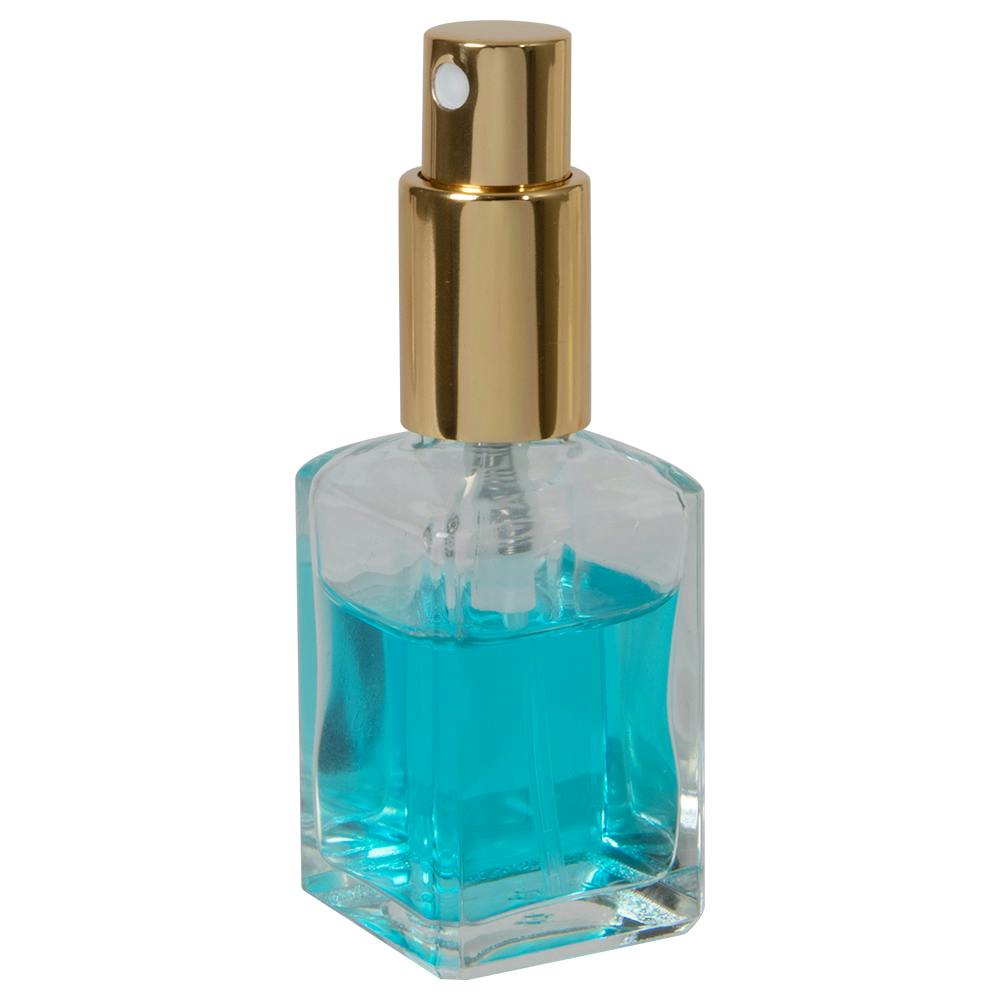 30mL (1 oz.) Clear Rounded Square Glass Bottle with 18/415 Gold Metal Finger Sprayer with Smooth Collar & Overcap