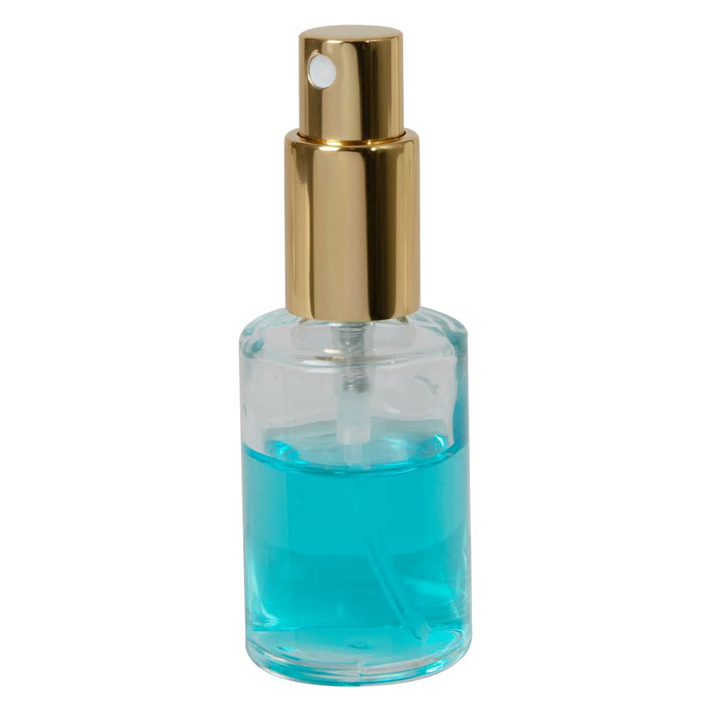 30mL (1 oz.) Clear Stubby Cylinder Glass Bottle with 18/415 Gold Metal Finger Sprayer with Smooth Collar & Overcap