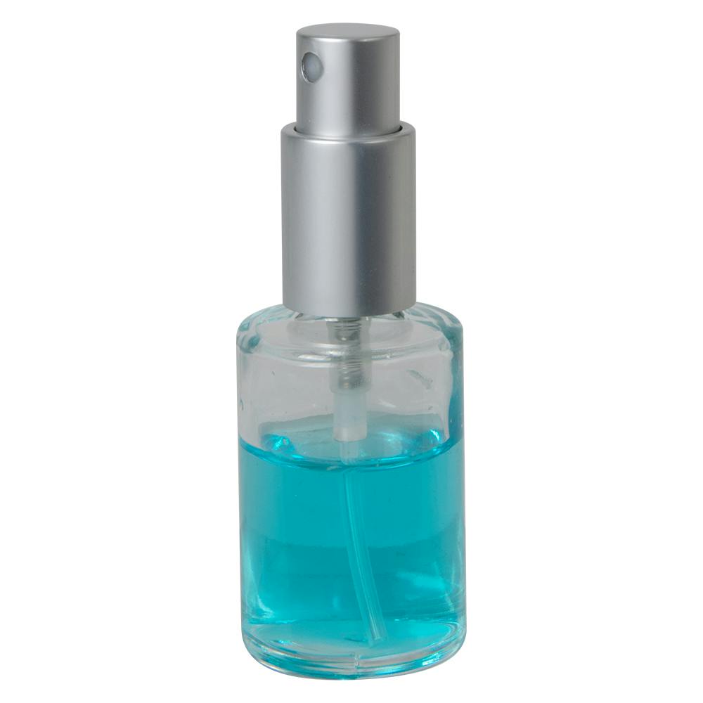 30mL (1 oz.) Clear Stubby Cylinder Glass Bottle with 18/415 Matte Silver Metal Finger Sprayer with Smooth Collar & Overcap