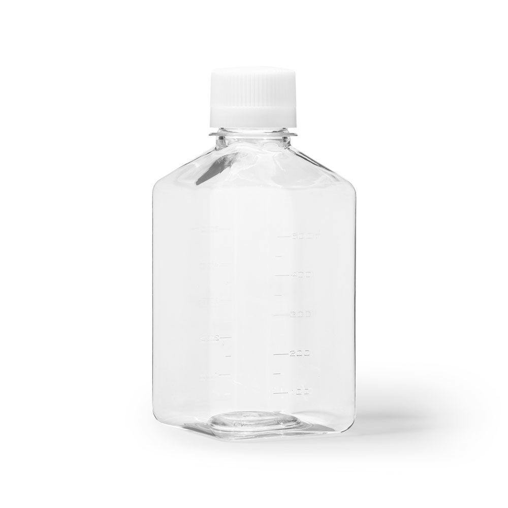 500mL Clear PET Sterile Square Media Storage Bottle with 44mm White Cap - Individually Wrapped; Case of 12