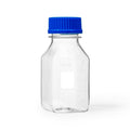 250mL Clear Polycarbonate Sterile Square Media Storage Bottle with GL45 Blue Cap - Individually Wrapped; Case of 24