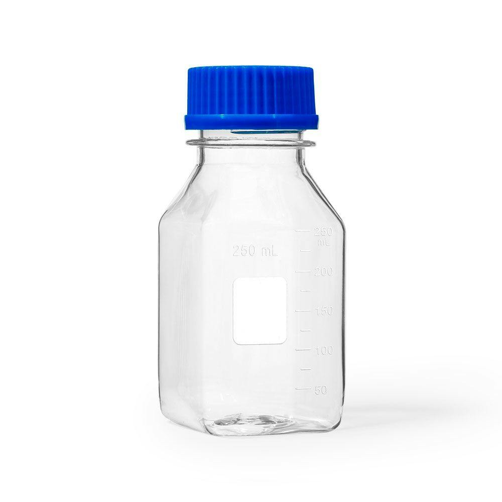 250mL Clear Polycarbonate Sterile Square Media Storage Bottle with GL45 Blue Cap - Individually Wrapped; Case of 24