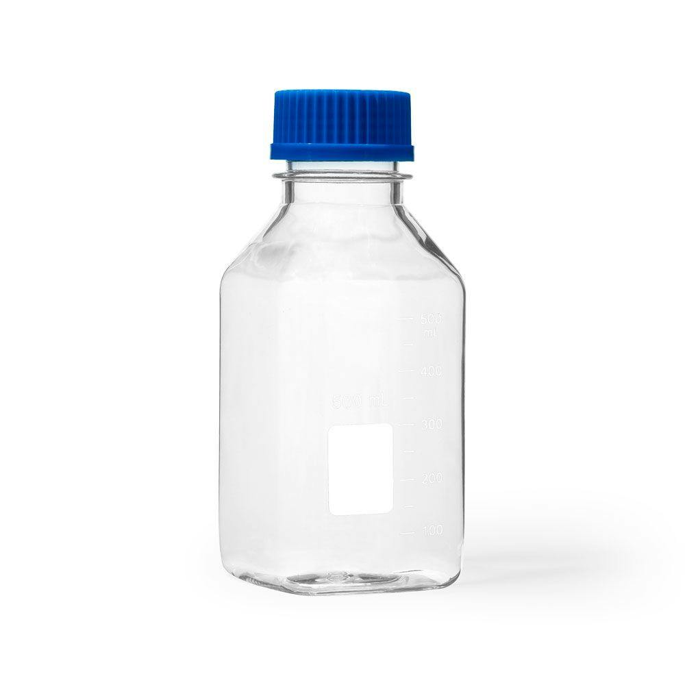 500mL Clear Polycarbonate Sterile Square Media Storage Bottle with GL45 Blue Cap - Individually Wrapped; Case of 24
