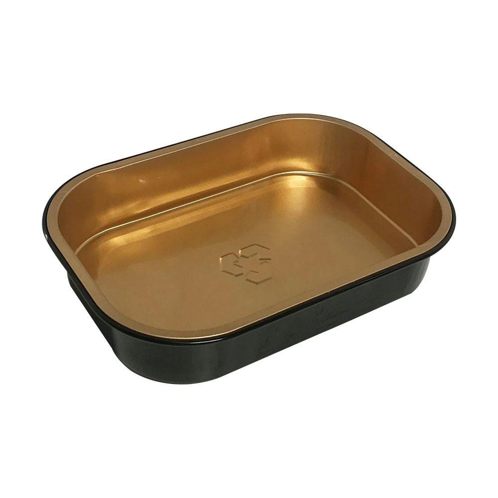15 oz. Gold & Black Foil Rectangular Smooth Wall Food Container with Clear PET Dome Lid - Case of 100
