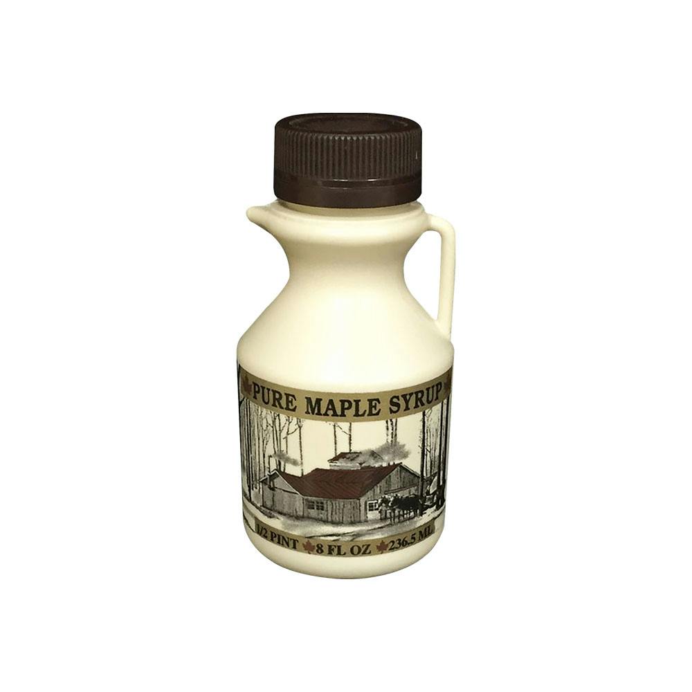 1/2 Pint (8 oz.) Tan HDPE Printed Cruchon Round Maple Syrup Jug with Handle & 38mm Brown Ribbed Tamper-Evident Cap