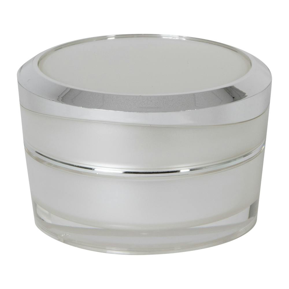 15mL Clear Acrylic Outer with Pearlescent Inner Spray & White Polypropylene Inner Round Jar with Silver-Accented Cap & White Disc Liner