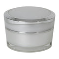 50mL Clear Acrylic Outer with Pearlescent Inner Spray & White Polypropylene Inner Round Jar with Silver-Accented Cap & White Disc Liner