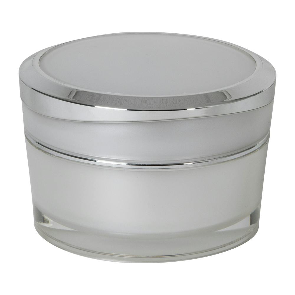 50mL Clear Acrylic Outer with Pearlescent Inner Spray & White Polypropylene Inner Round Jar with Silver-Accented Cap & White Disc Liner