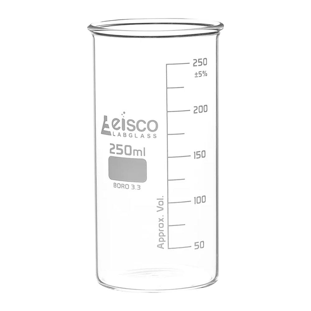 250mL Tall Form Clear Borosilicate Glass Berzelius Beaker without Spout - Case of 12