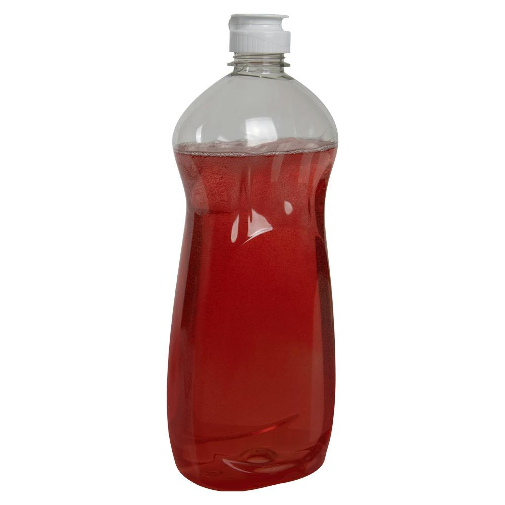 25 oz. Clear PET (100% PCR Material) Oval Dish Soap Bottle with 28/400 White Ribbed Simplicity Snap-Top Dispensing Cap