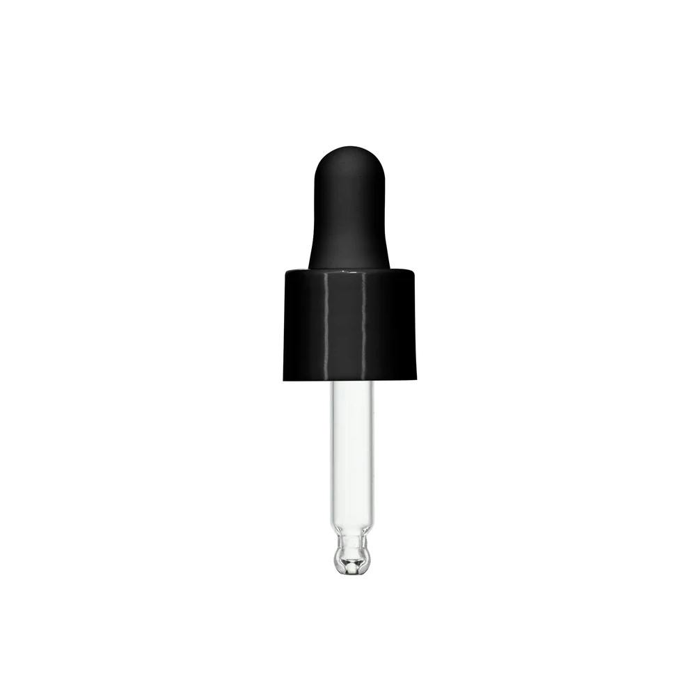 18/415 Smooth Black Polypropylene Cervino Dropper Cap with Black Rubber Bulb & 52mm L Glass Pipette with Ball Tip