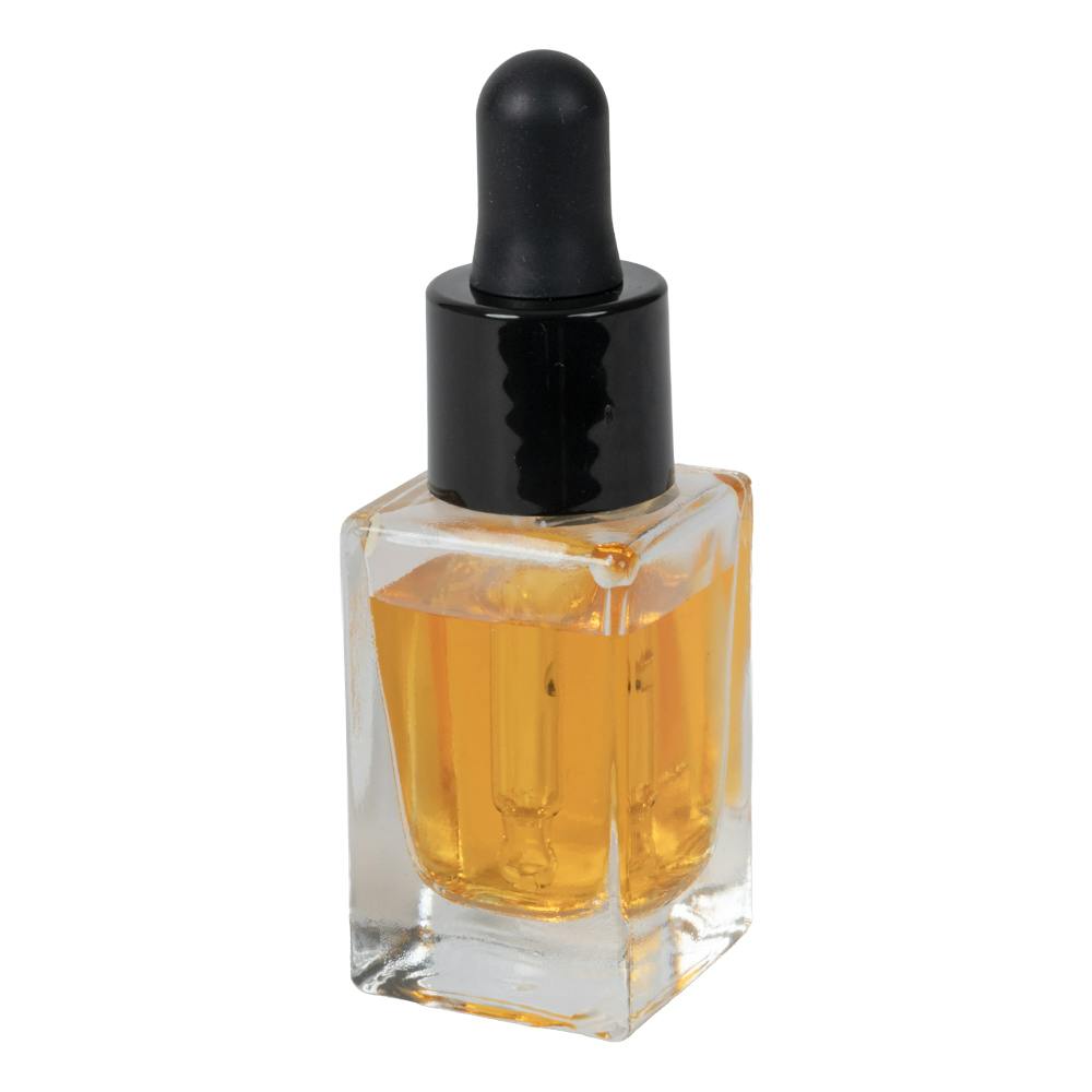 15mL Clear Tall Slim Square Glass Bottle with 18/415 Smooth Black Cervino Dropper Cap with Black Rubber Bulb & Ball Tip Glass Pipette
