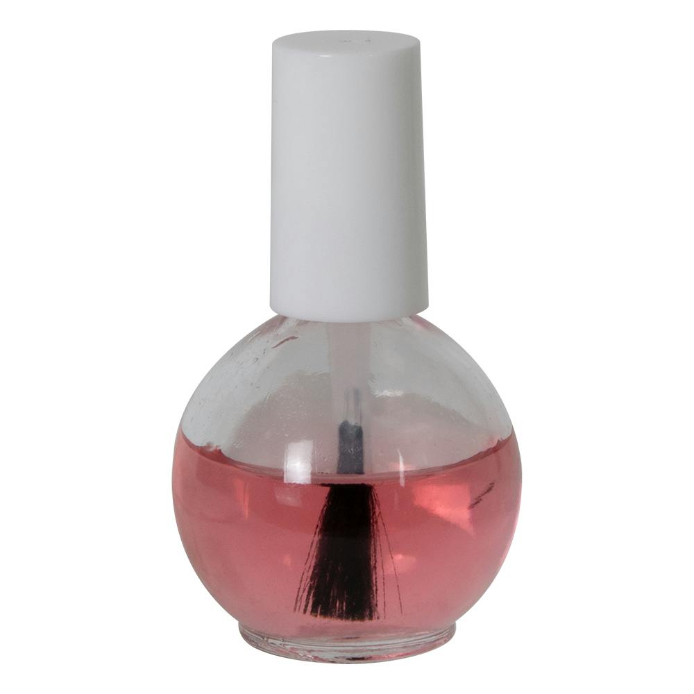 1/2 oz. (15mL) Clear Ball Round Flint Glass Bottle with 13/415 White Torino Cap & Flat Lacquer Brush Insert with S Core