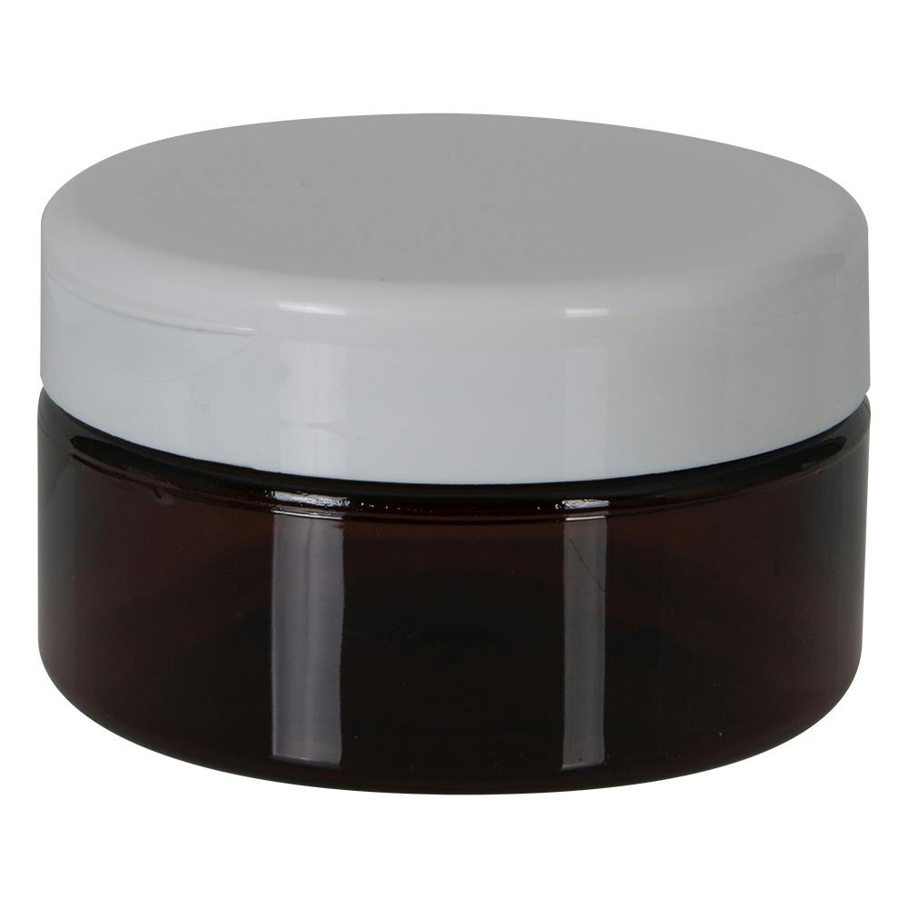 8 oz. Amber PET Straight-Sided Round Jar with 89/400 White Snap-Top Cap