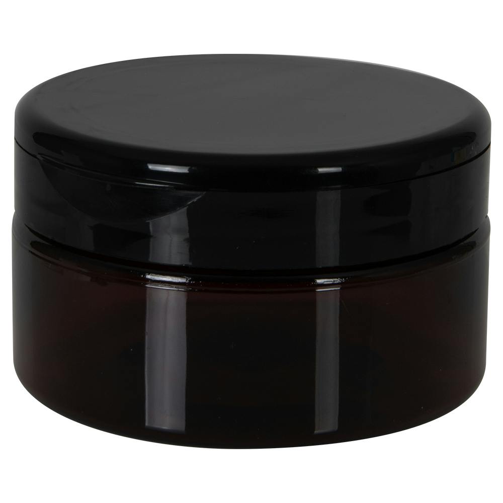 8 oz. Amber PET Straight-Sided Round Jar with 89/400 Black Snap-Top Cap