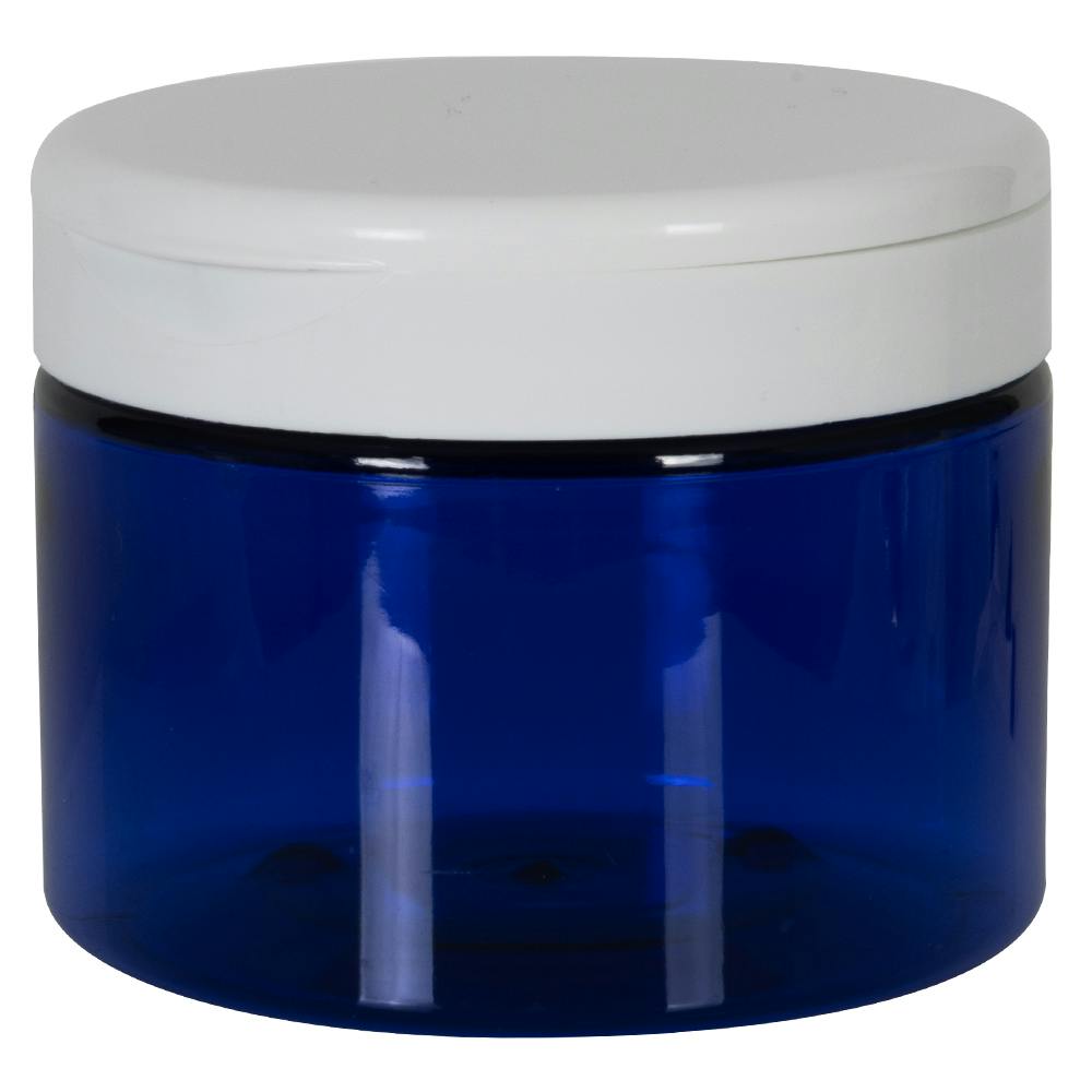 12 oz. Cobalt Blue PET Straight-Sided Round Jar with 89/400 White Snap-Top Cap