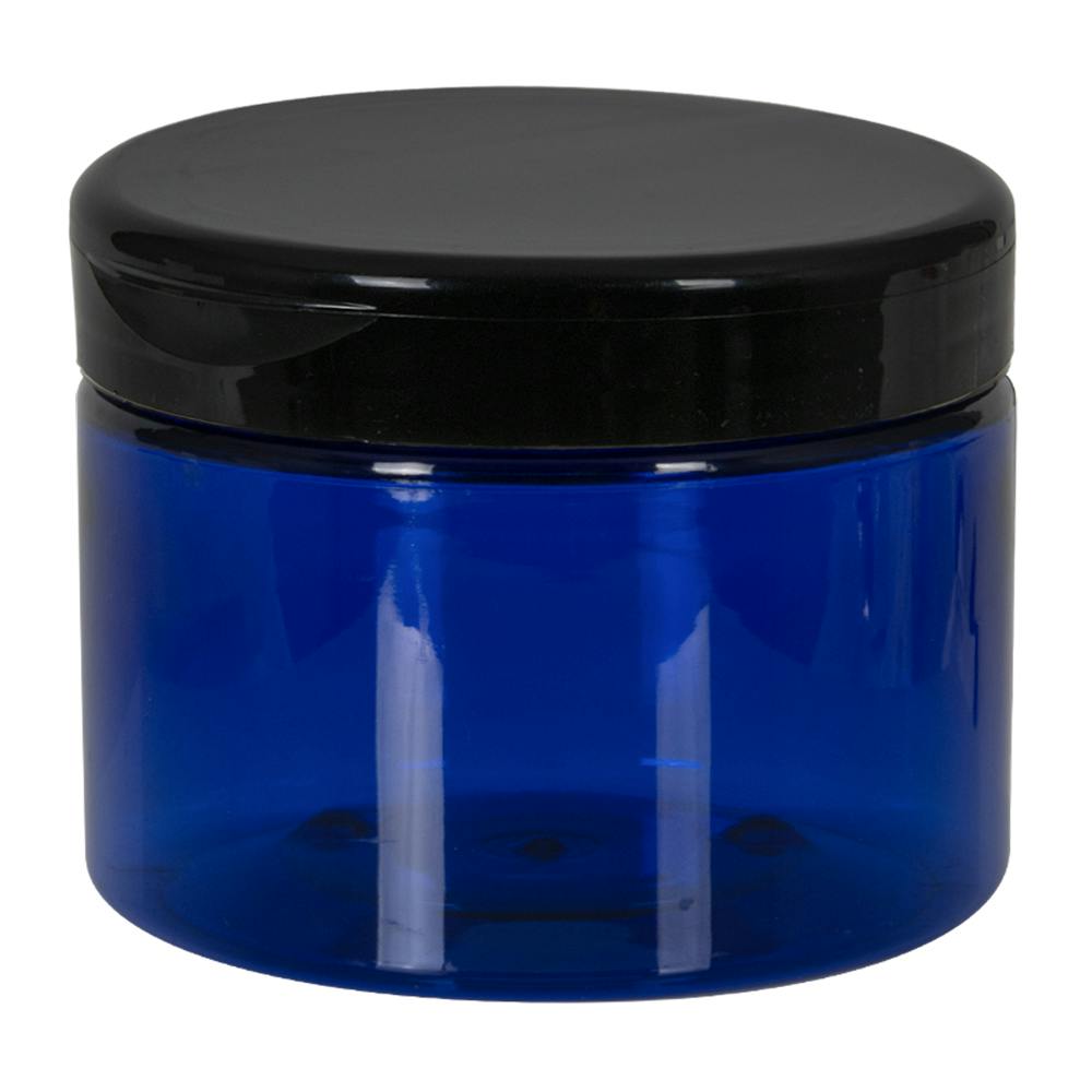 12 oz. Cobalt Blue PET Straight-Sided Round Jar with 89/400 Black Snap-Top Cap